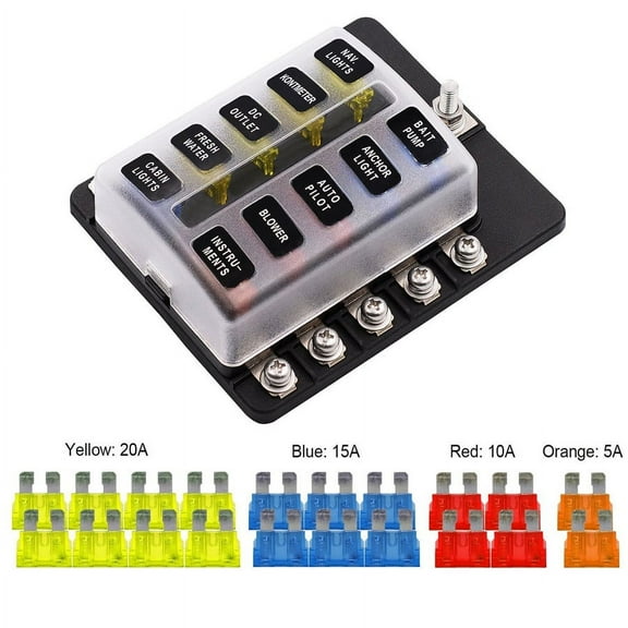 Phyun 12/24V Car Auto Marine 10-Way Blade Fuse Box Block Holder LED Indicator w/Fuses