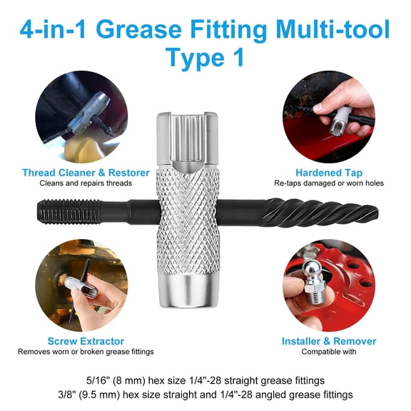 Phyun 4-in-1 Grease Zerk Tool Set Dual Head Removal Rethread Fit 1/4-28 1/8-NPT M10 M8