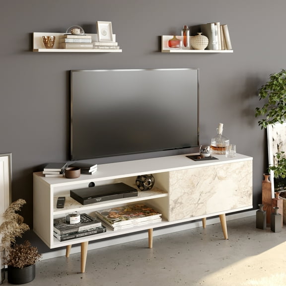 Pi 63" Modern Wood TV Stand for 72" TVs, White Veneer