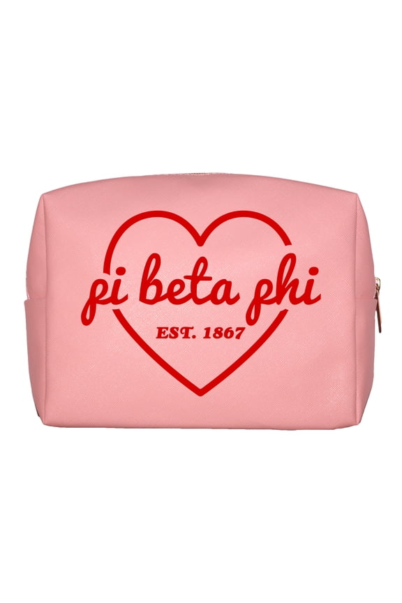 Pi Beta Phi Makeup Bag Pink With Red Heart PU Leather