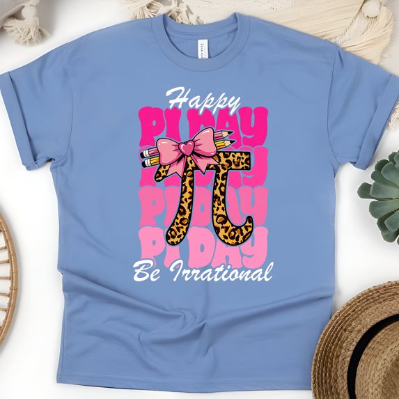 Pi Day Math Teacher Shirt – Cheetah Pi Graphic with Pencil Bow & Pink Lettering, CarolinaBlue, Size 2XL