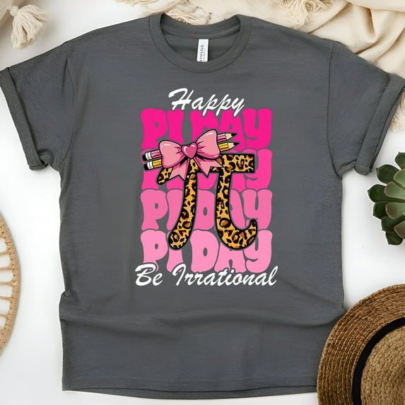 Pi Day Math Teacher Shirt – Cheetah Pi Graphic with Pencil Bow & Pink Lettering, Dark Heather, Size S