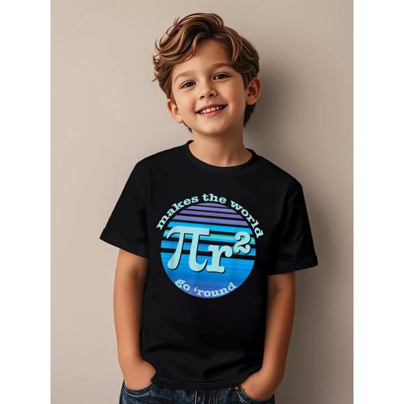 Pi Day, Pi R Squared Makes the World Go Round, Funny Math Kids T-Shirt Kids Graphic Tee Soft Cotton Short Sleeve Casual Shirt