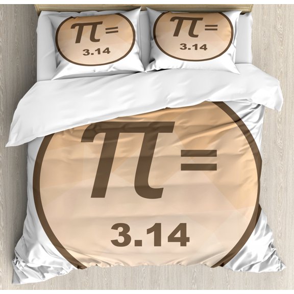 Pi Duvet Cover Set Queen Size, Special Math Symbol and Value Number on Polygonal in Round Frame, 3 Piece Bedding Set with 2 Pillow Shams, Ecru Beige Champagne and Umber, by Ambesonne
