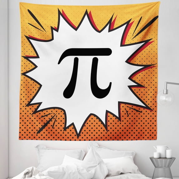 Pi Tapestry, Greek Letter in Comic Book Style with Half Tone Dots, Fabric Wall Hanging Decor for Bedroom Living Room Dorm, 5 Sizes, Orange Grey, by Ambesonne