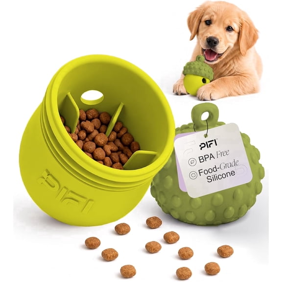 PiFi Interactive Dog Toy for Small Dogs, Treat-Dispensing Design, Wet, Dry & Frozen Treats, Twist-Apart Easy-Clean, Olive Green & Lemon Yellow