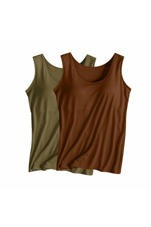2PC Tank Tops for Women Built in Bra Summer Basic Camisole Sleeveless Yoga Tank Undershirts Athletic Sports Vests Brown M