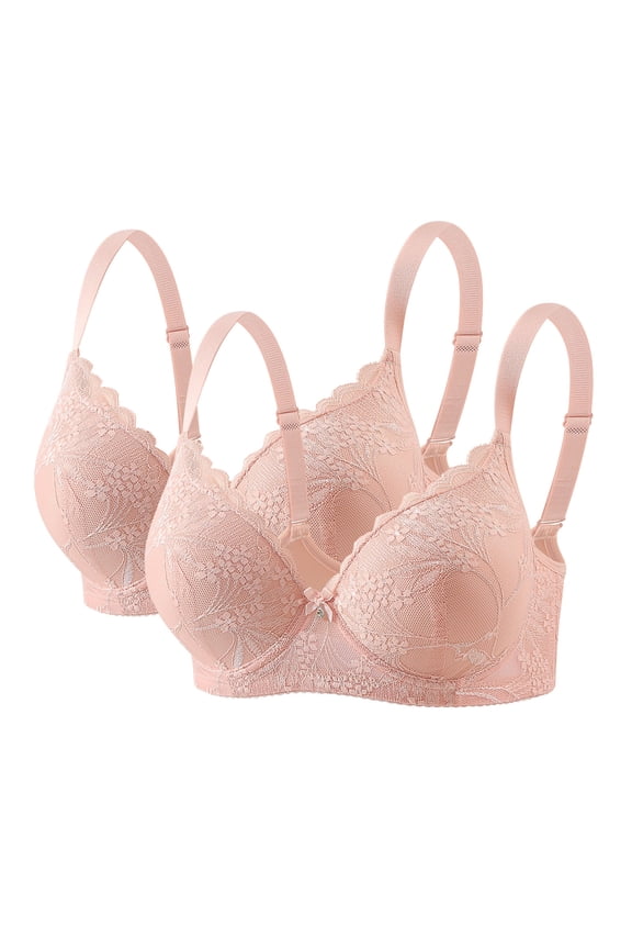 2PC Women Floral Lace V Neck Underwire Push Up Bra Front Bow Adjustable Thin Straps Soft Nylon Spandex High Elastic Support Comfort Lingerie Beige 95BC