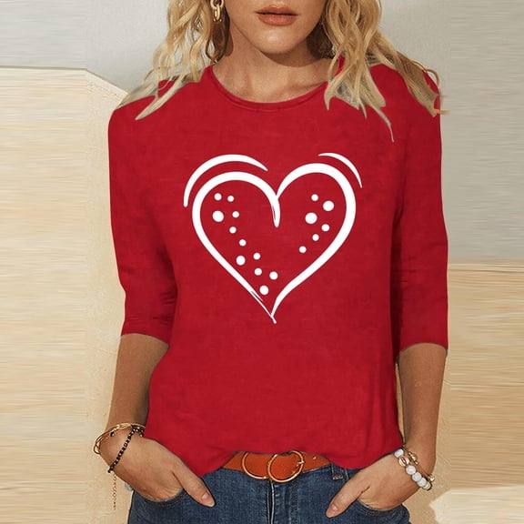 PiGOGI 3/4 Sleeve Printed T-Shirt for Ladies - Plus Size Valentine's Day Loose Top Red 2XL