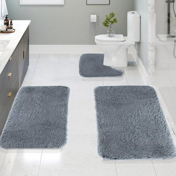 PiGOGI 3-Piece Bath Mats for Bathroom Set Ultra Soft Velvet Fleece Non-Slip Bathroom Rugs, High Absorbency Machine Washable Toilet Mats, Dark Gray Bathroom Floor Mats for Shower, Toilet Restroom