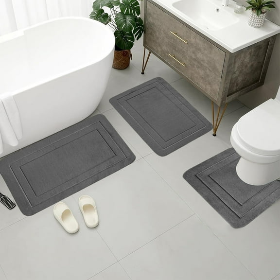 PiGOGI 3 Piece Bath Rug Set, Large Absorbent Non-Slip Bathroom Mats, Soft Velvet Fleece Toilet Rugs, Washable, Blue/Gray