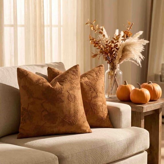 PiGOGI 45x45cm Fall Maple Leaf Embroidered Throw Pillow Cover Linen Cushion Case for Sofa
