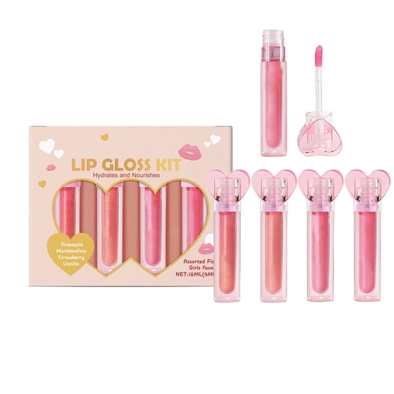 PiGOGI 4PC Heart Lip Gloss Stick for Girls - Glossy Fruity Lip Set Non Party Favors Teen Makeup Gift with Cute topper 16ml