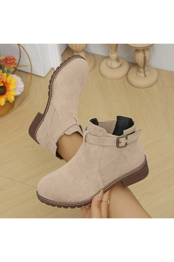 Belt Buckle Thick Heel Boots for Women - Square Heel Ankle Booties Fall Winter Fashion Comfortable Shoes Khaki 41