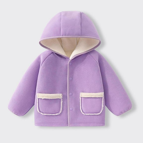 PiGOGI Boys Girls Velvet Winter Jacket Hooded Fleece Coat Warm Kids Outerwear Toddler Cold Weather Hoodie Top Purple 1 Years