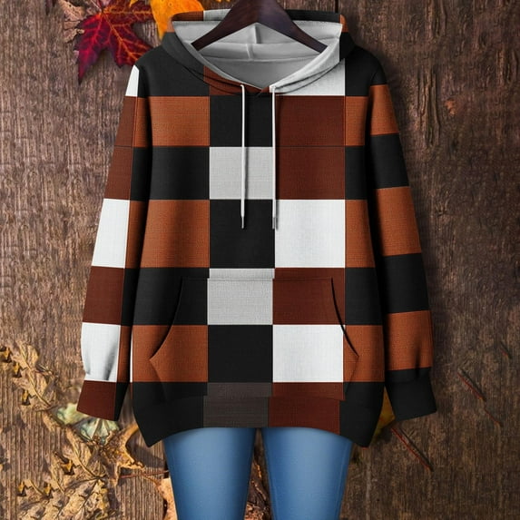 PiGOGI Casual Printed Hoodie for Women Loose Long Sleeve off Shoulder Sweatshirt Top Brown 3XL