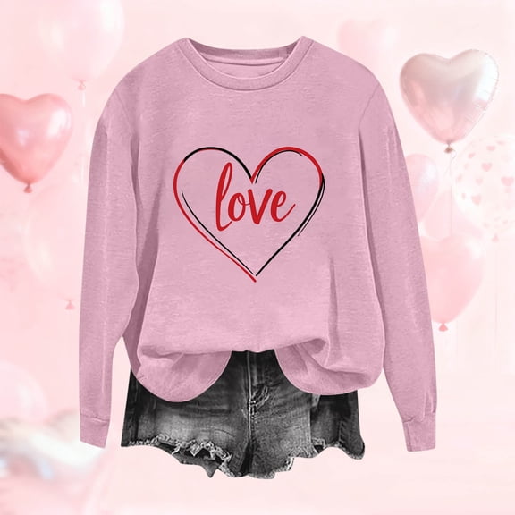 PiGOGI Casual Printed T-Shirt for Women - Long Sleeve Plus Size Valentine's Day Loose Top Pink 2XL