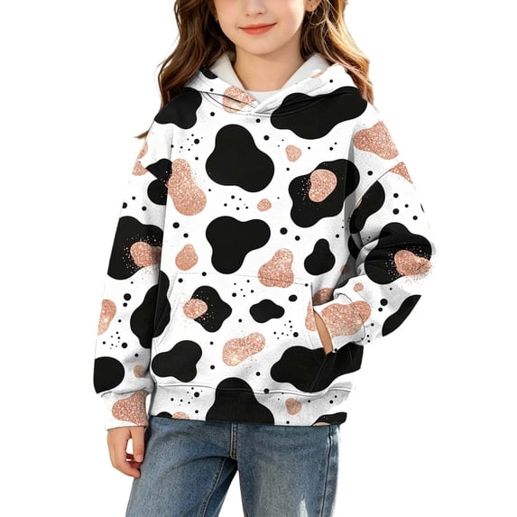PiGOGI Children Cow Pattern Hooded Pullover Long Sleeve Sweatshirt Cute Animal Print Hoodie with Pocket for Girls Boys Brown 3 Years