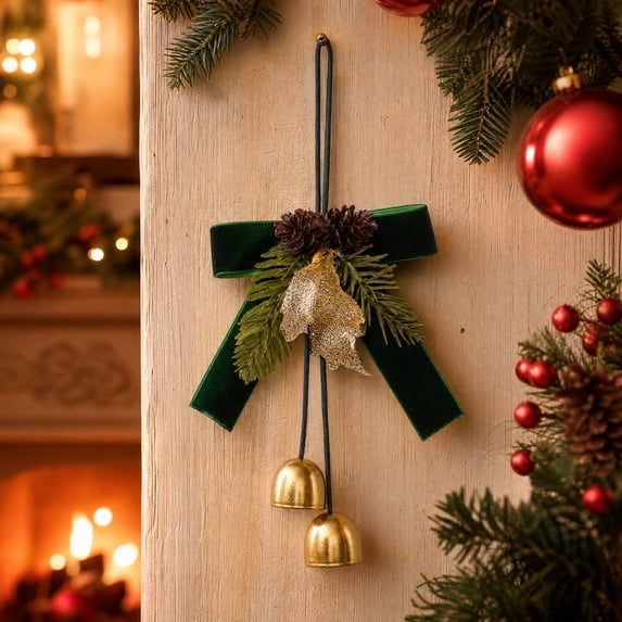 PiGOGI Christmas Decorations Bowknot Bell Pendant with Velvet and Metallic Detail for Wall Door Holiday Decoration