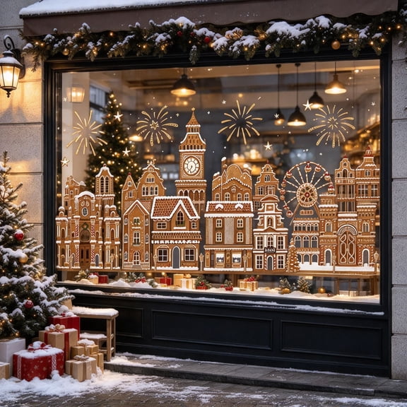 PiGOGI Christmas Decorations Christmas Gingerbread City PVC Window Clings Wall Stickers for Holiday Glass Decor