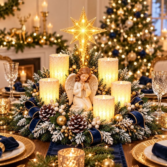 PiGOGI Christmas Decorations Praying Figure Christmas Candle Centerpiece with Lighted Star Flameless Candles and Navy Blue Ribbon Table Decoration
