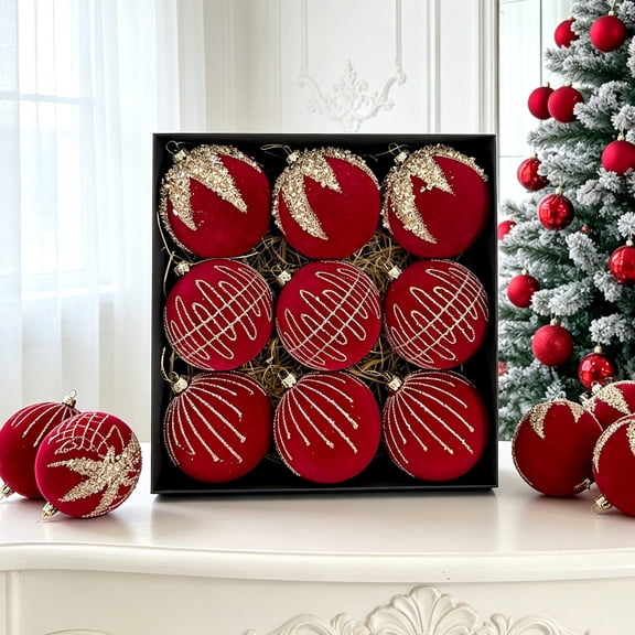 PiGOGI Christmas Sparkling Diamond Velvet Decorative Ball Set 9PC Flocked Matte Baubles with Glitter Patterns for Xmas Tree Holiday Indoor Display