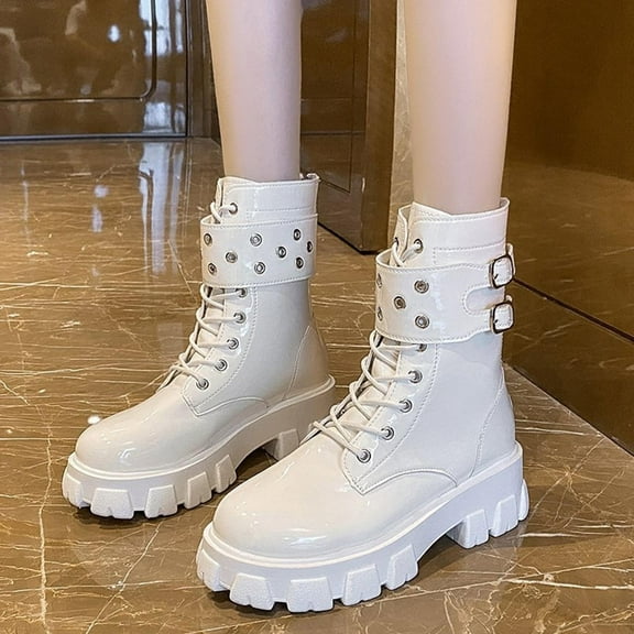 PiGOGI Chunky Heel Boots for Women Mid Calf Front Lace Up Belt Buckle Round Toe Thick Sole Winter Casual Shoes Comfortable Walking Boots White 36