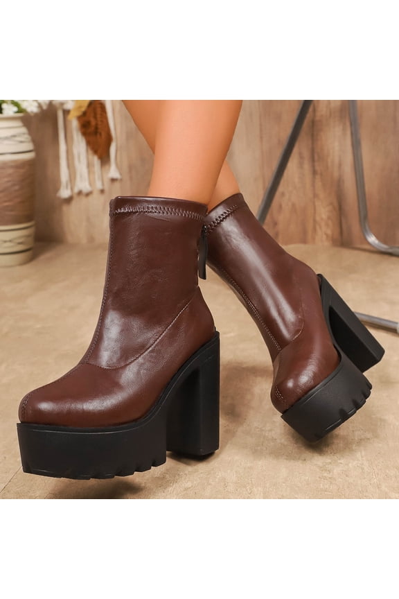 Chunky Heel Boots for Women Thick Sole Solid Color Round Toe Midsole Ankle Boots Fashion Winter Comfortable Brown 36