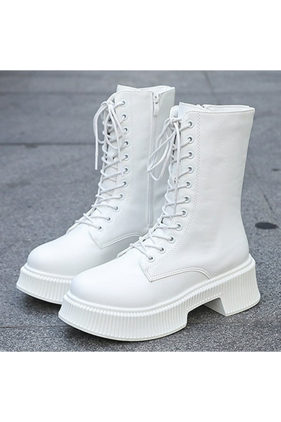 Chunky Sole Boots for Women Winter Strap Thick Heel Side Zipper Middle Tube Boots Fashion Comfortable Mid Heel White 41