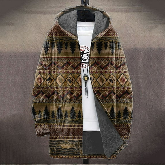 PiGOGI Coats for Men Winter Men's Solid Thickened Warm Medium Long Casual Coat Coat Long Sleeve Hooded Pocket Coat Brown