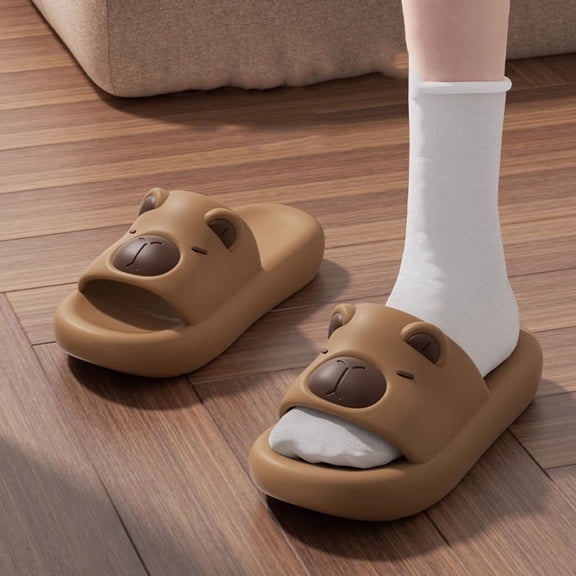 PiGOGI Couple's Matching Bear Design Bathroom Slippers Waterproof Non-Slip Cute Shower Sandals for Adults Indoor Outdoor Brown 5.5-6
