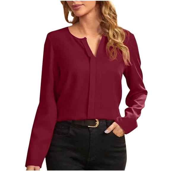 PiGOGI Cozy Long Sleeve Shirts for Women Fashion Women's Casual Long Sleeve Solid Ladies V-Neck Tops Blouse Wine