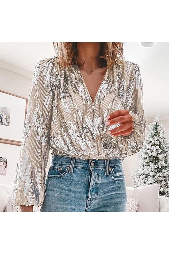 Cozy Long Sleeve Shirts for Women Women's Sequined Blouses Long Sleeved V-Neck Overlapping Pullover Fashion Tops Silver