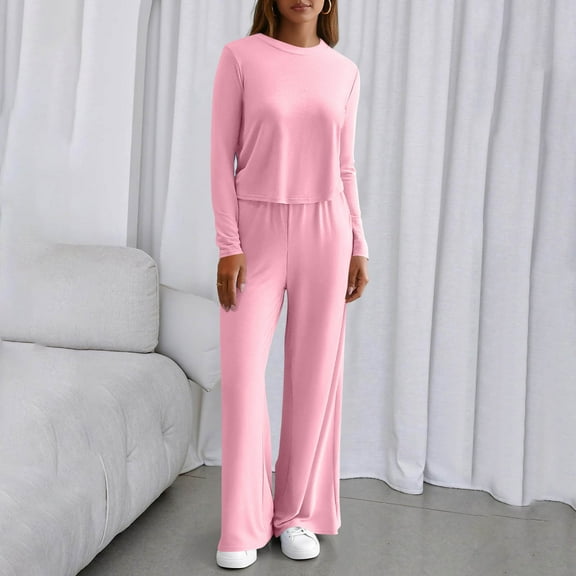 PiGOGI Fashion Women Round-Neck Solid Ruched Long Sleeve Blouse & Elastic Waist Pocket Pants Set Casual Pink S
