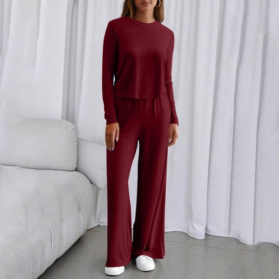 PiGOGI Fashion Women Round-Neck Solid Ruched Long Sleeve Blouse & Elastic Waist Pocket Pants Set Casual Wine M