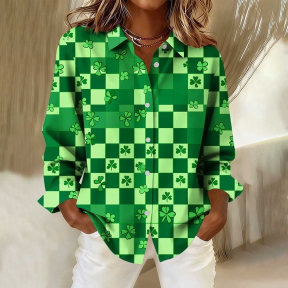 PiGOGI Fashion Women Solid Causal Button Blouse Long Sleeve T-Shirt Summer Spring Top St Patricks Day Casual Green S