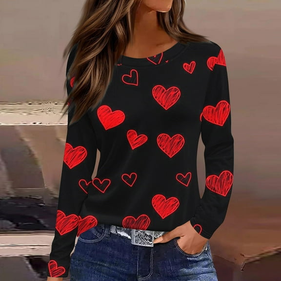 PiGOGI Fashion Women's Casual Long Sleeve Striped Heart Print Round Neck Loose Valentine's Day Top Plus Size Blouse Red XL