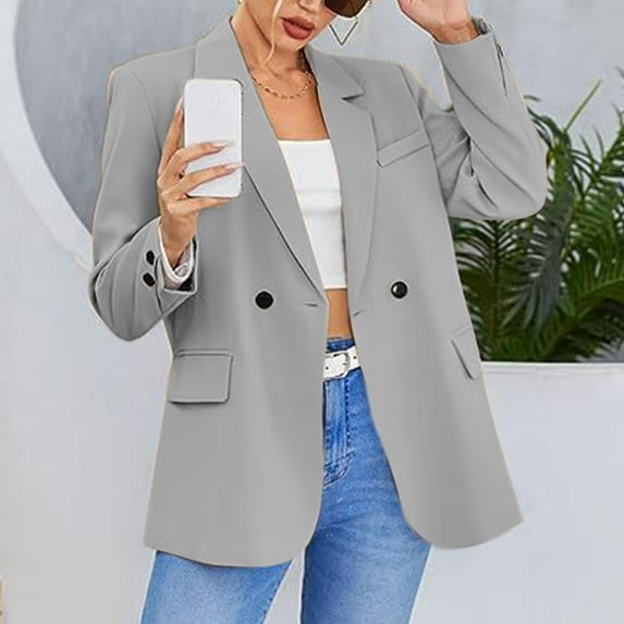 PiGOGI Fashion Women's Casual Long Sleeve Turndown Collar Blazer Jacket for Work office Outfits Gray 2XL