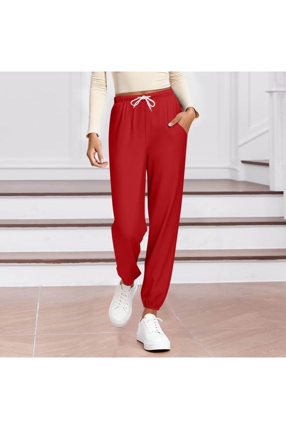 Fashion Women's Solid Color Stretch Waist Strap Drawstring Pocket Long Pants Home Wear Trousers for Women Red 2XL