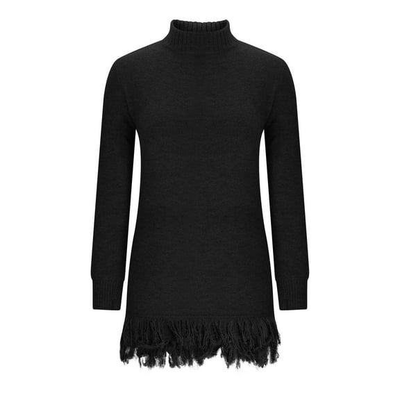 PiGOGI Fashion Women's Tassel Sweater Dress High Neck Long Sleeve Knit Fall Casual Comfortable Black XL