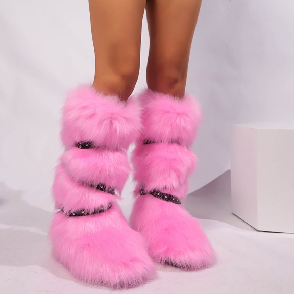 PiGOGI Fashionable Snow Boots for Women Winter Casual High-Top Belt Buckle Leather Boots Warm Non-Slip Mid Calf Boots Pink 43