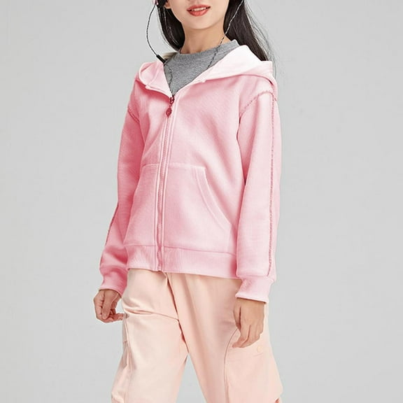 PiGOGI Girls Hooded Jacket Fleece Zipper Cardigan Kids Sports Top Winter Warm Outerwear with Pockets Pink 14 Years