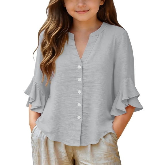 PiGOGI Girls Ruffle 3/4 Sleeve V-Neck Button Down Top Solid Color Soft Casual Blouse for Kids Gray 9Years