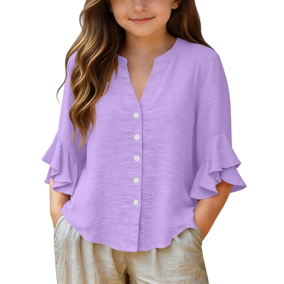 PiGOGI Girls Ruffle 3/4 Sleeve V-Neck Button Down Top Solid Color Soft Casual Blouse for Kids Purple 9Years