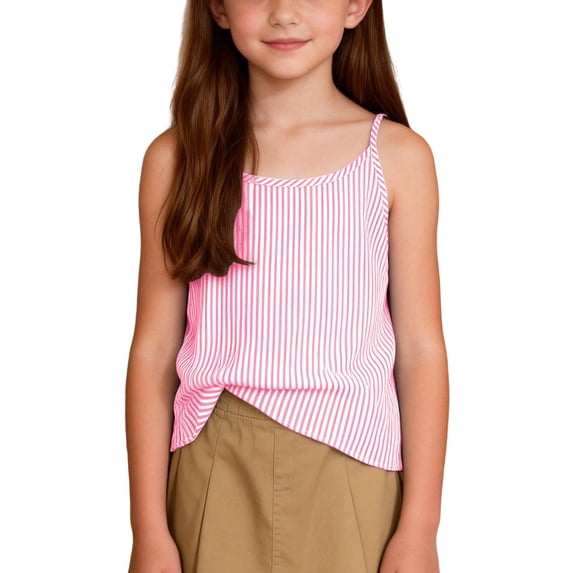 PiGOGI Girls Stripe Print Camisole Tank Top Loose Breathable Sleeveless Comfy Casual Summer Top Pink 11-12Years