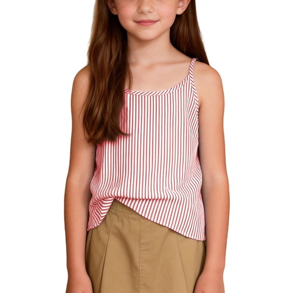 PiGOGI Girls Stripe Print Camisole Tank Top Loose Breathable Sleeveless Comfy Casual Summer Top Red 9-10Years