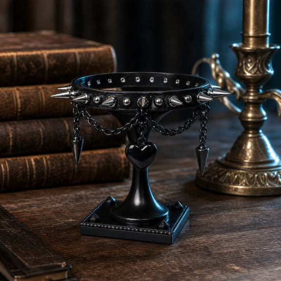 PiGOGI Gothic Industrial Display Stand Decorative Pedestal Bowl with Chain and Spikes Black Tabletop Decor