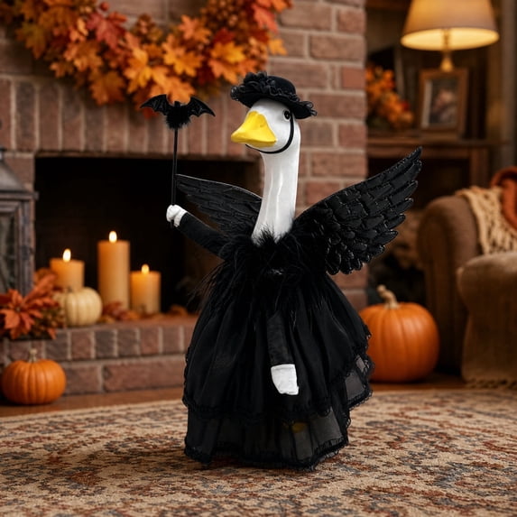 PiGOGI Halloween Black Winged Witch Goose Outfit for 23 Inch Porch Lawn Statue Witch Hat and Cape Set Funny Outdoor Garden Patio Yard Holiday Party Decor