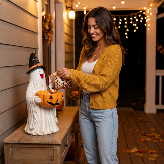 PiGOGI Halloween Ghost Decor 9.8 Inch with Pumpkin Candy Bowl Outdoor Statue for Porch Yard Indoor