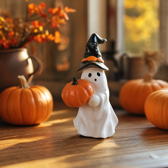 PiGOGI Halloween Ghost Decor Resin Ornament with Pumpkin for Shelf Tabletop Holiday Party Gift